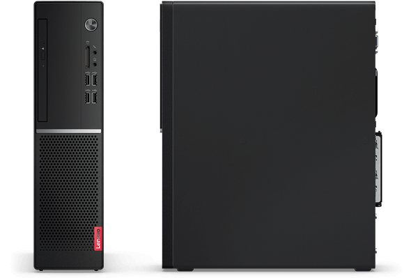 Lenovo V520s SFF PC, front view and side view, both positioned vertically.