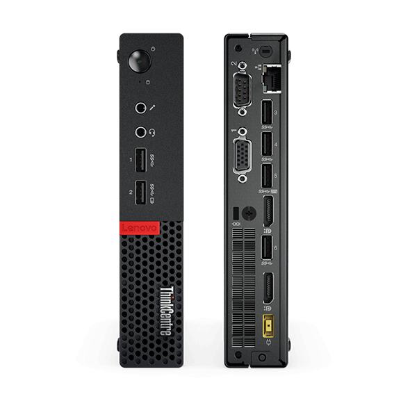 Front and back views, ThinkCentre M710 Tiny, vertically positioned.