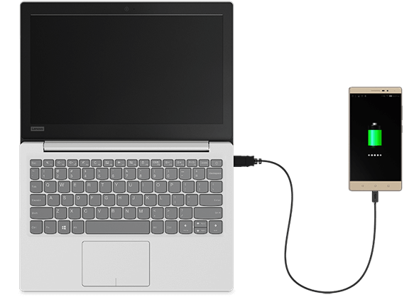 Lenovo Ideapad 120s With Smart Phone Plugged into Side Port