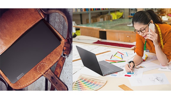 Lenovo Ideapad 530S (14), shown in a small satchel and on an artist’s table.