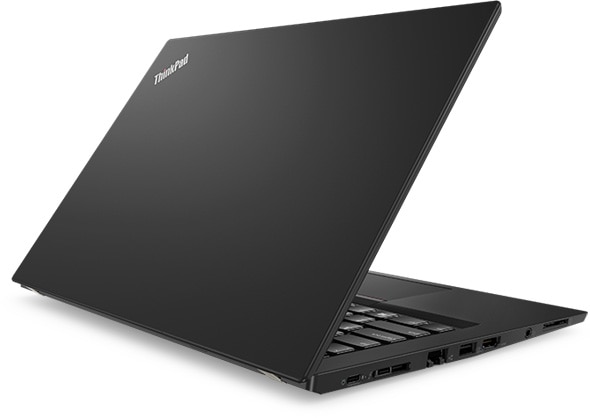 Lenovo ThinkPad T480s - Side-on shot from the rear, with the laptop slightly open