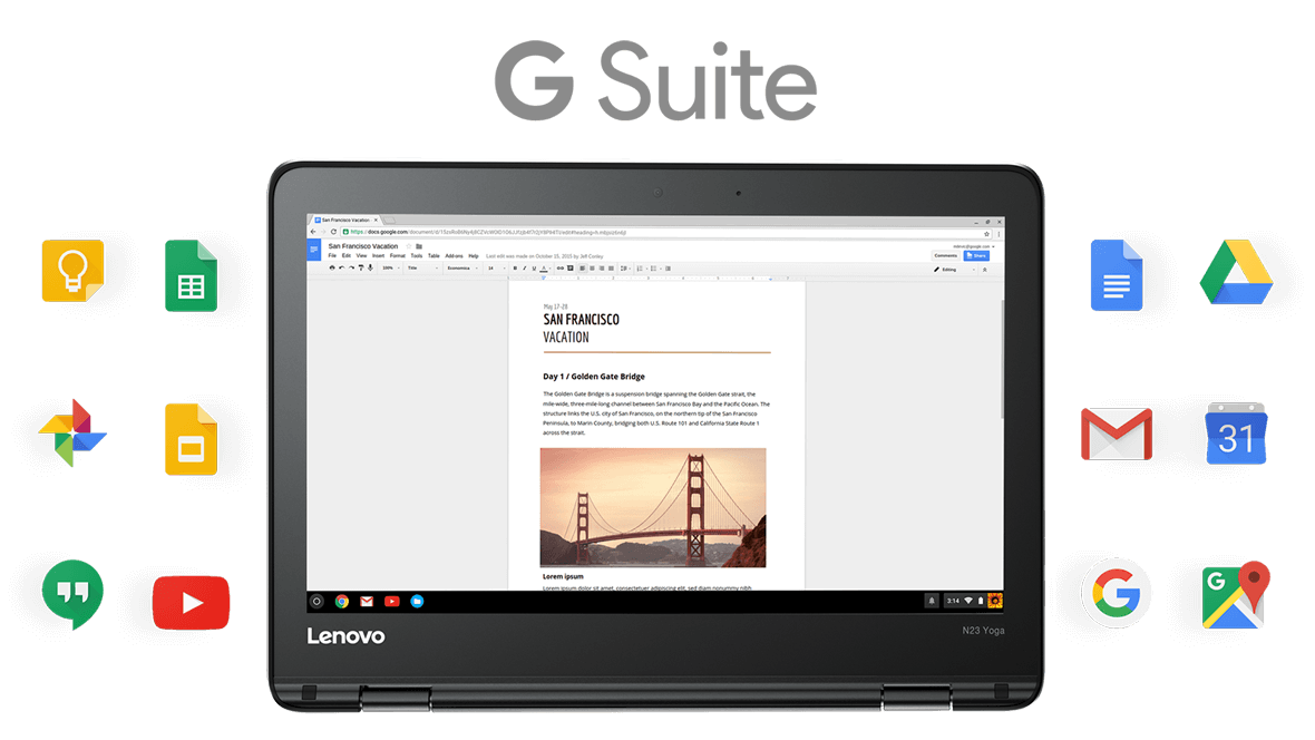 Lenovo N23 Yoga Chromebook, with Google G Suite icons
