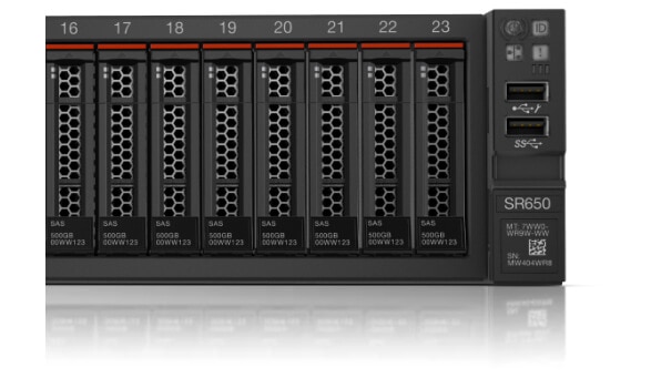 Lenovo ThinkSystem SR650 Close Up View of Drives and Ports