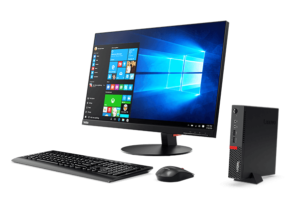 ThinkCentre M710 Tiny standing vertically, with monitor, mouse, keyboard.